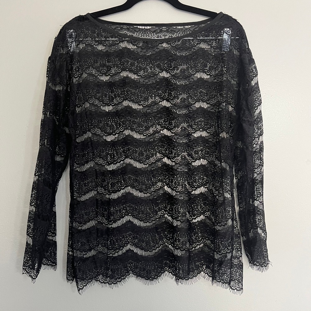 Black Sheer Floral Lace Long Sleeve Top Scalloped Eyelash Hem gothic grunge
